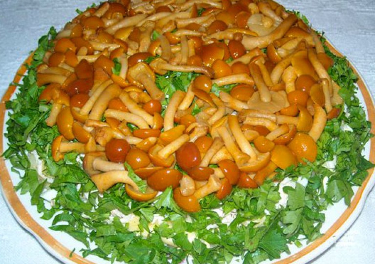 Рецепт вкусного салата «грибная поляна» с опятами